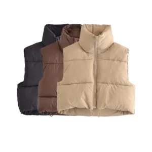 معطف نسائي مع حافة قابلة للتعديل وسوستة، صدرية مبطنة برقبة عالية بدون اكمام للنساء